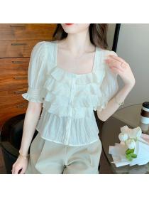 Square Neck Lace Shirt Ladies Summer Design Small Bubble Short Sleeves