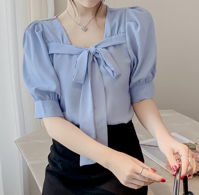 Korean Style Versatile Square Neck Bow Short Sleeve Shirt
