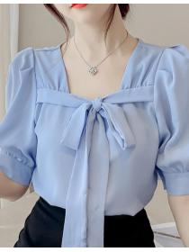 Korean Style Versatile Square Neck Bow Short Sleeve Shirt 