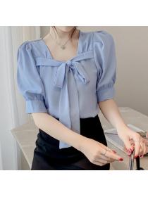 Korean Style Versatile Square Neck Bow Short Sleeve Shirt 