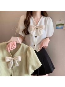 On sale Summer puff sleeve V-neck bow tie Blouse for women