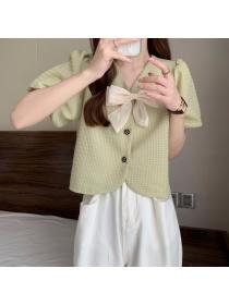On sale Summer puff sleeve V-neck bow tie Blouse for women