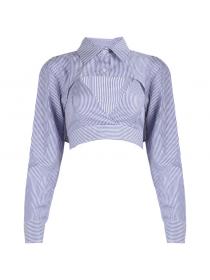 New style Striped Cropped Two Buttons Long-Sleeved Shirt 