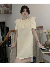 Simple double-layered ruffle-neck stitched pleated puff-sleeve dress