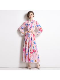 Fashion style Pink Print Dress Sweet Lantern Sleeves dress