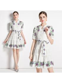 New style Puff Sleeve A-line Floral Short-sleeved Dress