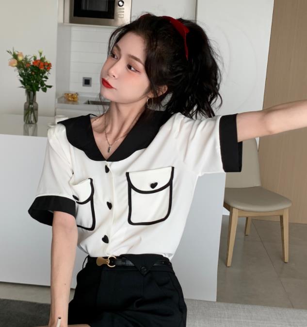 Korean style fashion stitching ruffle design short-sleeved v-neck cardigan all-match top