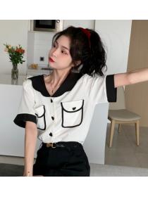 Korean style fashion stitching ruffle design short-sleeved v-neck cardigan all-match top 