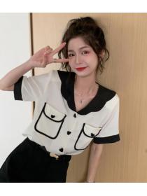 Korean style fashion stitching ruffle design short-sleeved v-neck cardigan all-match top 