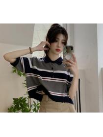 Retro preppy striped short-sleeved knitted slim crop top