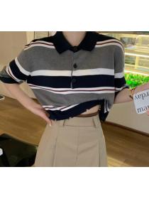 Retro preppy striped short-sleeved knitted slim crop top