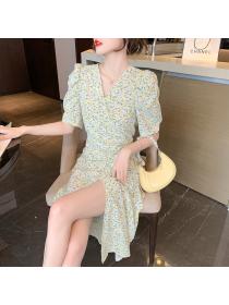 Summer v-neck puff sleeve short-sleeved chiffon floral lace-up mid-length dress