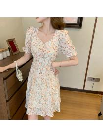 Hot sale Embroidered Floral Dress Summer V-neck Puff Sleeve Chiffon Midi dress