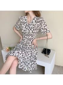 Summer short-sleeved temperament chiffon floral dress 