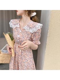 Korean fashion short-sleeved floral dress summer slim-waist temperament dress
