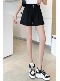 New black hot girl high waist summer solid color Korean style loose straight shorts