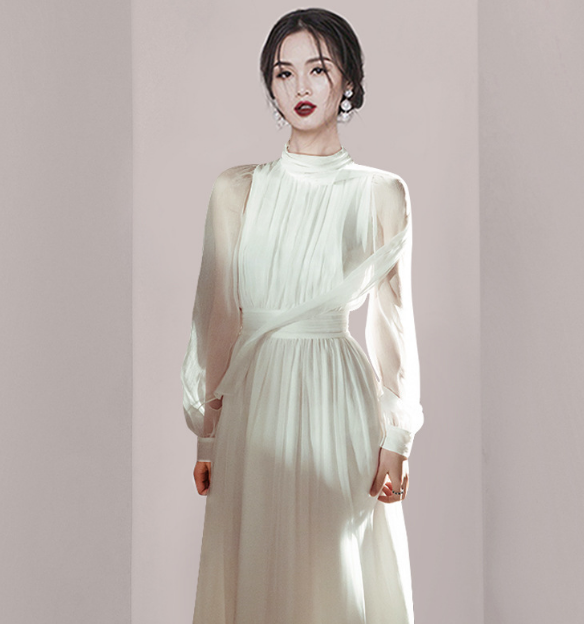 Stand Collars Pure Color Gauze Matching Dress