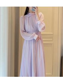 Stand Collars Pure Color Gauze Matching Dress