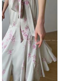 Satin printed frock with bubble sleeves  show slim fishtail dress 