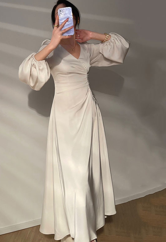 French retro lantern sleeve V neck sexy beaded waist show slim glossy satin dress