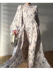 French style fashion design elegant  printing lantern sleeve long dress