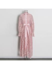 Hot sale New Hollow Embroidered Stand Collar Long Sleeve Lace-Up Dress