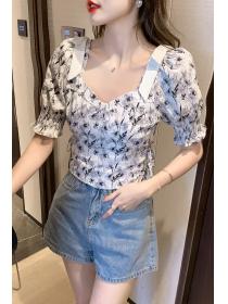 Summer new pleated floral lace-up square-neck short-sleeved shirt