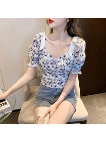 Summer new pleated floral lace-up square-neck short-sleeved shirt