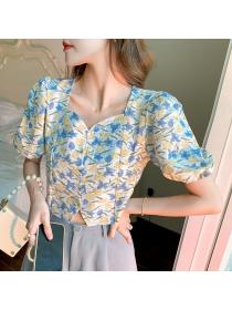 Hot sale V-neck chiffon shirt women's summer new floral puff sleeve top