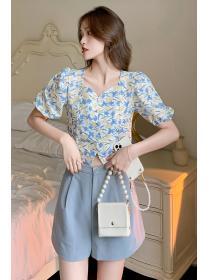 Hot sale V-neck chiffon shirt women's summer new floral puff sleeve top