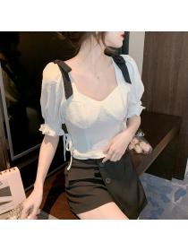 New style pleated tie square-neck short-sleeved shirt