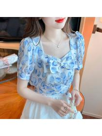 Summer square neck bow floral top women's bubble short-sleeved shirt