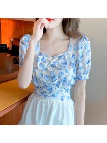 Summer square neck bow floral top women's bubble short-sleeved shirt