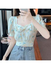 On sale floral cropped  top women's summer square neck bubble short-sleeved shirt