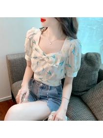 On sale floral cropped  top women's summer square neck bubble short-sleeved shirt