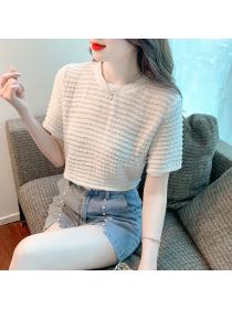 Summer new Korean style fashion round neck puff sleeves lace shirt