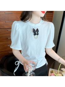 Korean Style Puff Sleeve Drawstring Bow matching Chiffon Shirt
