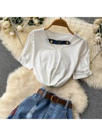 Summer V-neck T-shirt top + printed stitching denim A-line skirt Two pcs set