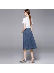 Summer new white T-shirt + denim slim high waist temperament umbrella skirt