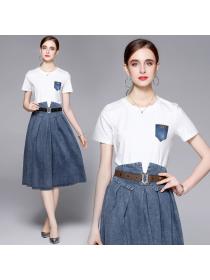Summer new white T-shirt + denim slim high waist temperament umbrella skirt