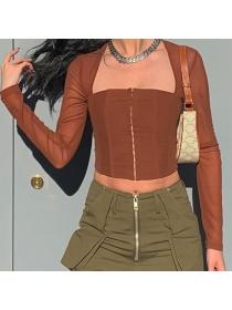 Outlet hot style Square Neck Mesh See-Through Breasted Cropped Long Sleeve T-Shirt