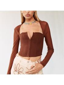 Outlet hot style Square Neck Mesh See-Through Breasted Cropped Long Sleeve T-Shirt