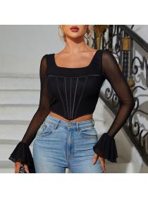 Outlet hot style Summer sexy Square Neck Flared Sleeve T-Shirt Cropped Top