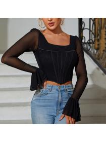 Outlet hot style Summer sexy Square Neck Flared Sleeve T-Shirt Cropped Top