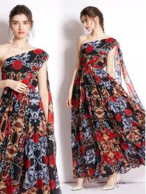 Irrgualr Design Floral Printing Show Waist Dress
