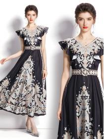 Fashion Style  puff sleeve  Floral Printing Show Waist Dress
