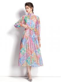 Fashion Style  puff sleeve  Floral Printing Show Waist Dress