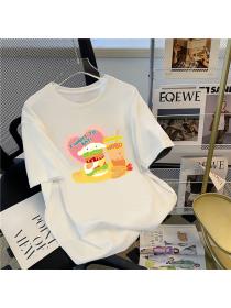 Korean style 100% cotton Summer Fashion Loose Round neck Short sleeve Print T-shirt