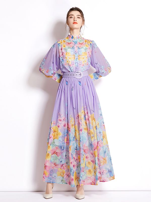 Fashion Style  Design Floral Printing Show Waist Dress