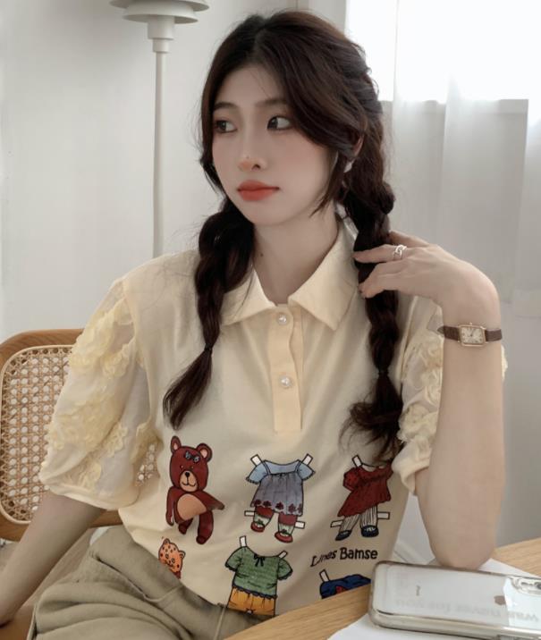 Korean Style age-reducing all-match lapel graphic print lace puff sleeve T-shirt top